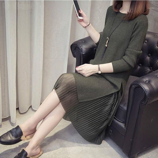 

plus size 4xl 2019 autumn new women sweater midi dress sets casual elegant long sleeve split knitted dresses pleated skirt suit1, White