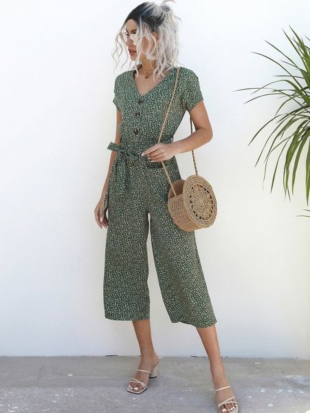 

allover print batwing sleeve dual pocket belted jumpsuit x0kp#, White