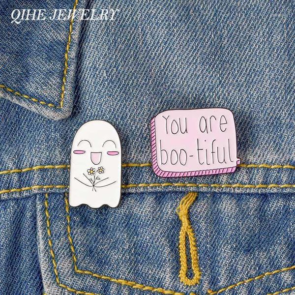 

qihe jewelry ghost pin sweet dialog and flower ghost enamel pin cute lapel kawaii brooches for women girl1, Gray