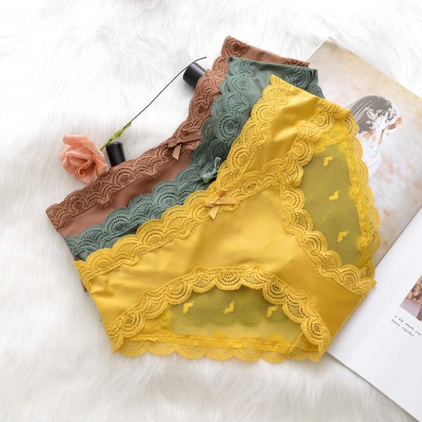 

499 lace underwear women's love embroidery mesh satin low waist buttock briefs, Black;pink