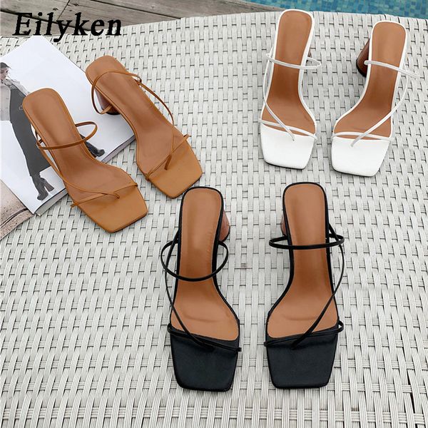 

eilyken 2020 new summer women sandals slipper high cylindrical heel outdoor flip flops narrow strap women slides x1020, Black