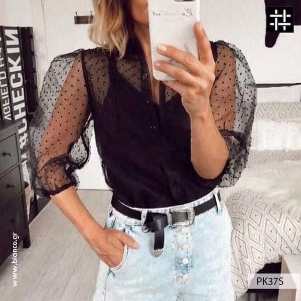

women long puff sleeve see-through sheer mesh dot blouse shirts, White