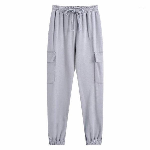 

2021 new women elastic waist drawstring knitting pants overalls casual lady patch pocket loose trousers p19661, Black;white