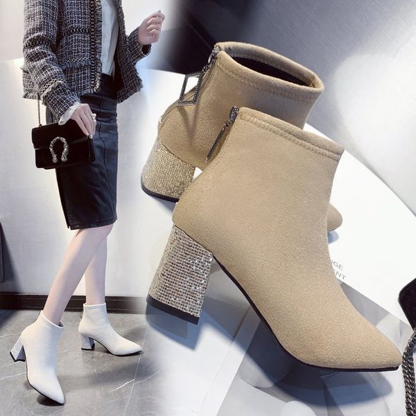 

chunky heel short bootsautumn & winter england martin bootsman-made diamond pointed-toe dull polish versa lady shoes -40, Black