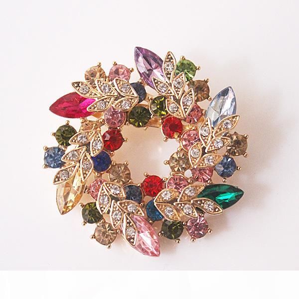 

luxury bling austrian crystal flower wreath brooches pins colorful rhinstone lovely sweater broach scarf buckle brooch rainbow green purpl, Gray