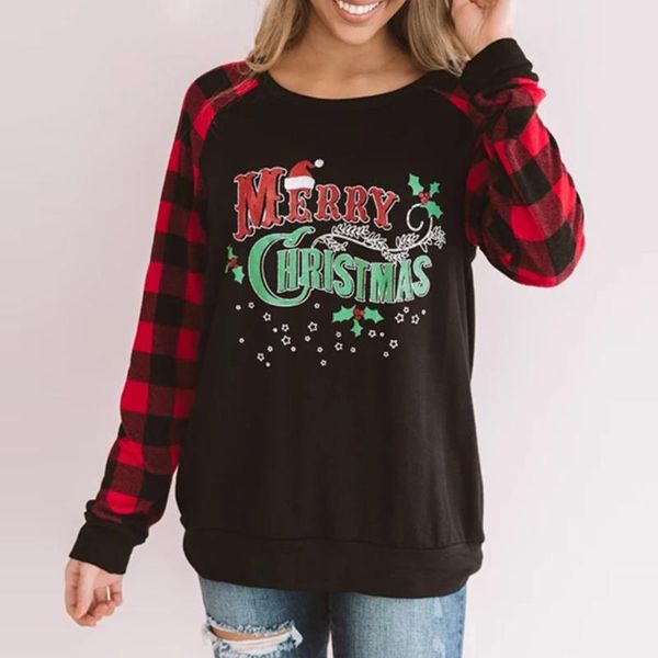 

#r40 merrry christmas blouse shirt women elk plaid print o neck long sleeve shirt christmas casual blouses women shirts, White