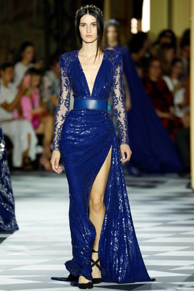 

сексуальная sequined русалка пром платье 2021 zuhair murad синего с длинным рукавом из бисера бедро высокого разрезы вечер коктейльного плат, Black;red