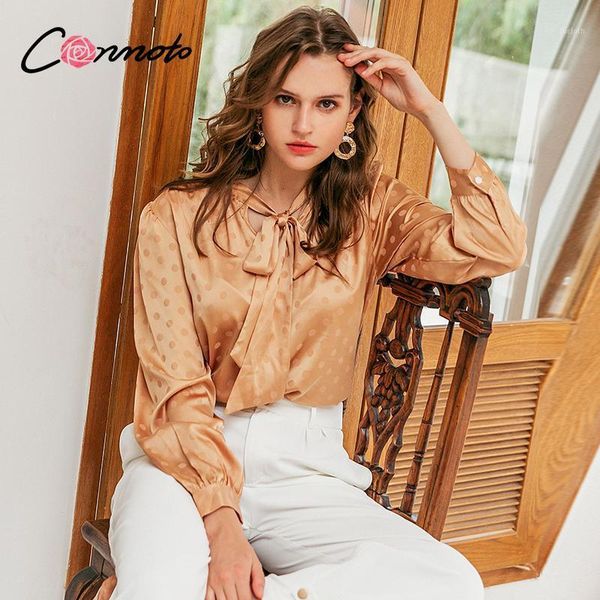 

conmoto elegant bow tie women blouse shirt long sleeve print polka dots female office lady work wear blouse autumn 20201, White