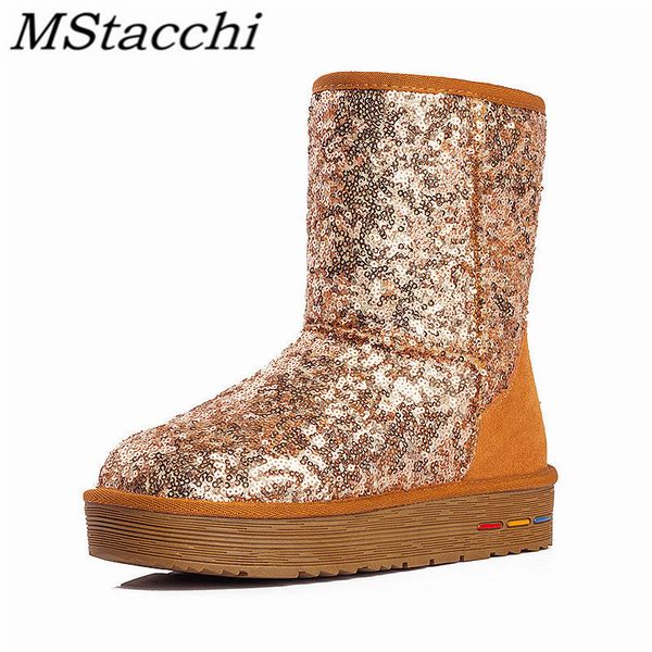 

mstacchi dazzling woman sequined cloth patchwork thick bottom snow boots fashion sewing bling flat round toe warm short boots 201031, Black