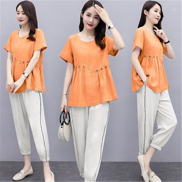 

cotton and linen suit women's summer 2020 fashion new round neck + casual foreign linen nine-point pants two-piece tide 0701, White