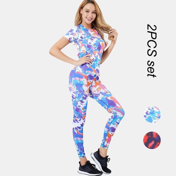 

yoga outfits women sport suit print t shirt and leggings 2pcs set gym apperal1, White;red