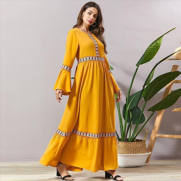

elegant maxi dress yellow o neck flare long sleeve lace patchwork embroidery loose a line long dress 2020 new 4xl, Black;gray