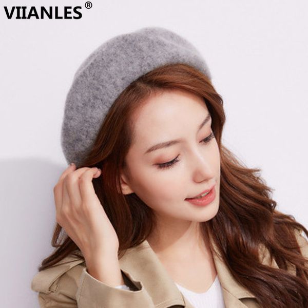 

viianles ladies wool berets for women autumn winter artist beret femme elegant solid french hat red pink gray fashion girls caps, Blue;gray
