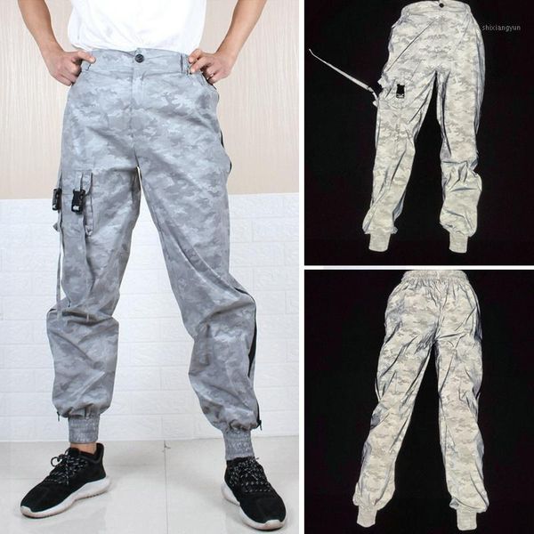 

2020 new men reflective hip hop light shiny pants male streetwear joggers sweatpants autumn loose camouflage harem trousers1, Black