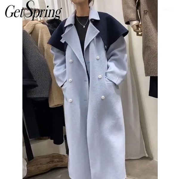 

getspring women wool coat color matching vintage woman coats autumn winter bandage long winter overcoat fashion coats1, Black