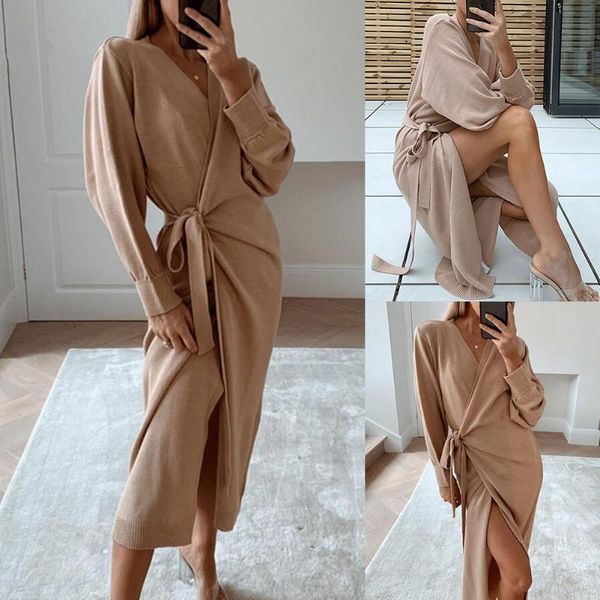 

women autumn winter solid color long sleeve leisure elegant knitted wrap belt dress maxi robe homewear, Black;gray