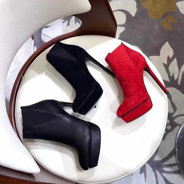 

fashion quality womens high heel 130mm autumn winter boot platforms sheepkin leather ladies ankle thin heels slip-on boots size 35-40, Black