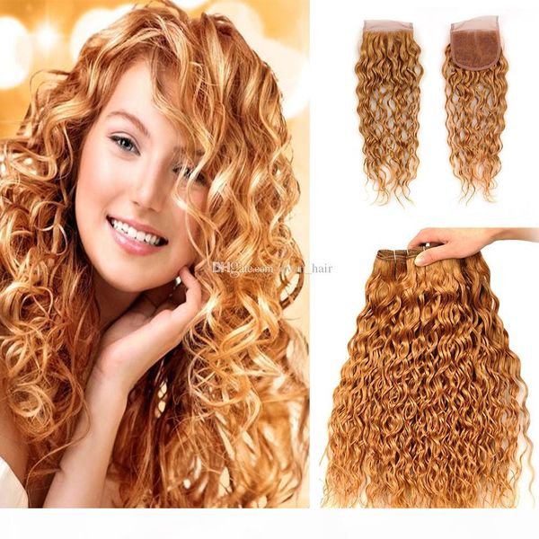 

цветное 27 волна воды волос 3bundles с top closure 4x4 strawberry blonde 27 wet волнистый волос уток extensions с закрытие 4x4, Black;brown