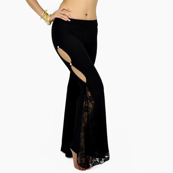 

women belly dance pants lady side slit lace practice senior crystal cotton bellydance long flared trouser professional dancewear, Black;red