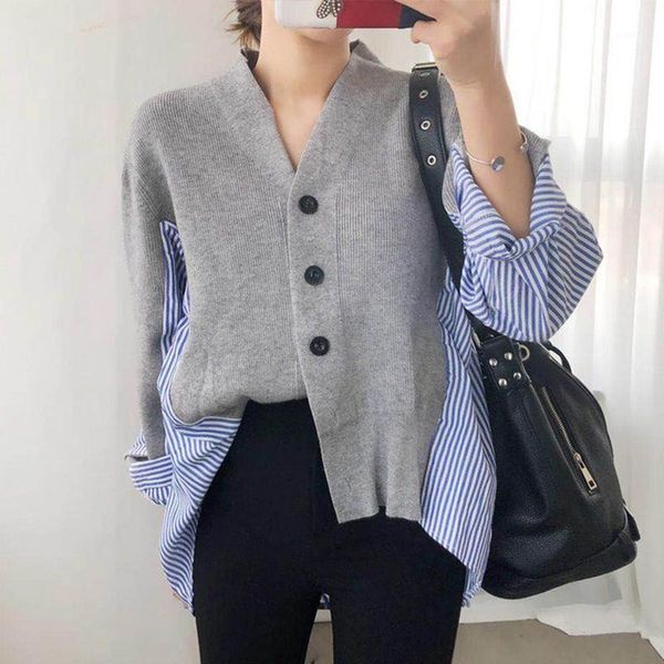

korean cardigan women single breasted striped shirt patchwork sweater coat loose autumn off shoulder sweater women cardigan1, White
