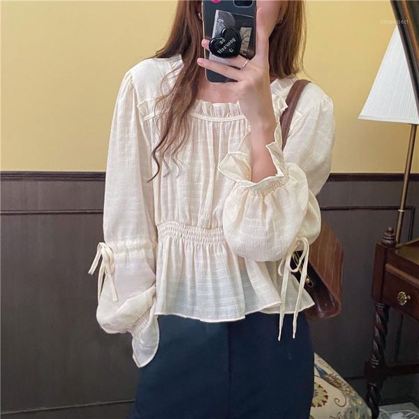 

alien kitty korean drawstring waistband frenulum solid color long sleeve shirts 2020 women sweet lovely gentle versatile blouses1, White