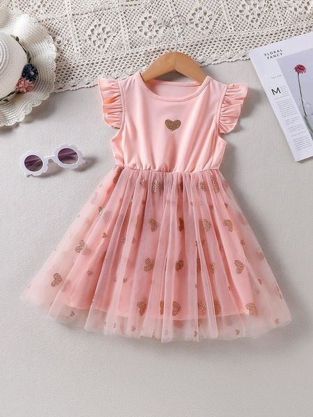 

toddler girls heart print ruffle sleeve mesh hem dress she, Red;yellow