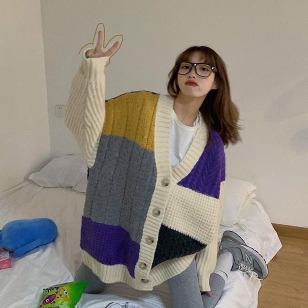 

superaen loose casual color matching thickened warm full sweaters for women coat, White