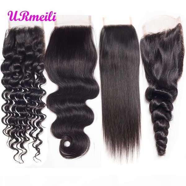 

peruvian straight body wave loose wave deep wave curly virgin hair lace closure middle three part remy human hair swiss lace closure, Black