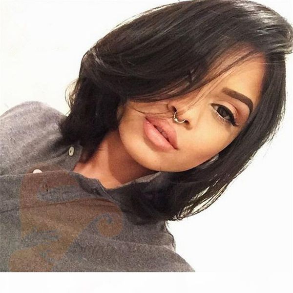 

8a brazilian virgin human hair lace front wig glueless short bob full lace wig with baby hair for black women ing, Black;brown
