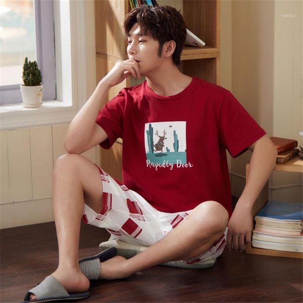 

new thin men's short-sleeved shorts pajamas cartoon deer cotton pajamas 2020 spring and summer home service suit1, Black;brown