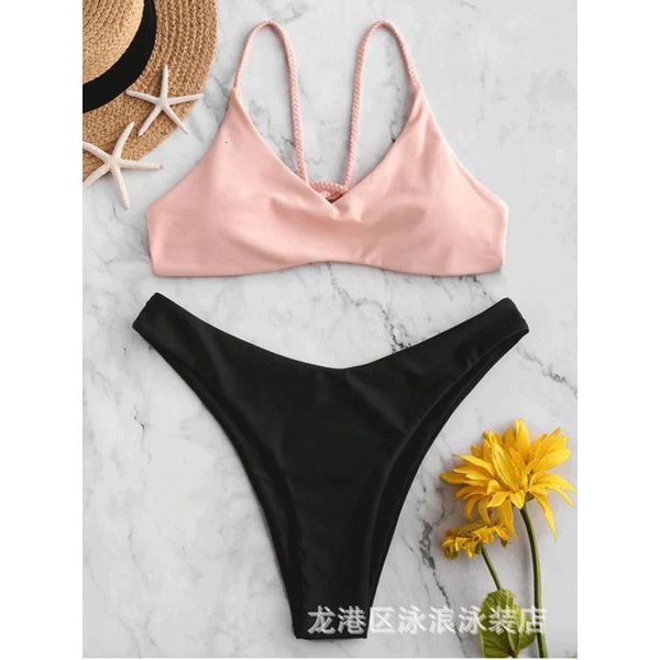 

2021 new contrast solid color women's swimsuit split strap bikini, White;black