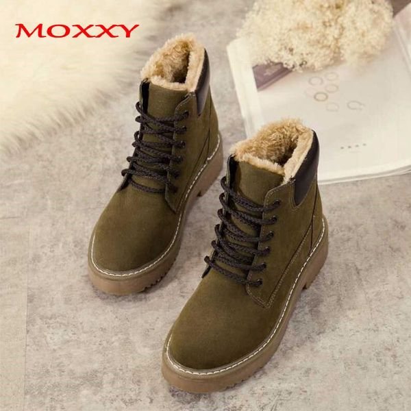

moxxy 2020 женщин сапоги зимних платформы черного зеленый женщина boots зашнуровать casual голеностопной обуви плюш теплого мехового снега, Black