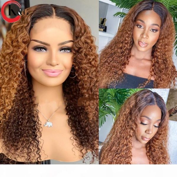 

kungang omber t-part middle part lace front human hair wigs curly 150% density lace wigs with baby hair ratio non-remy, Black;brown
