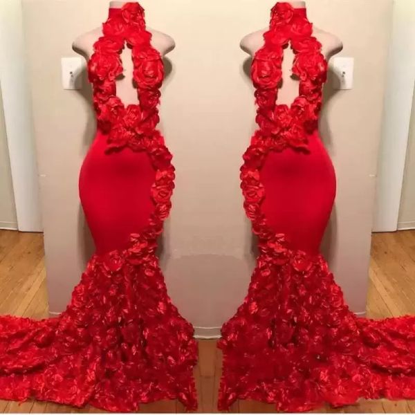 

2022 red prom dresses mermaid handmade flowers high neck sleeveless custom made plus size evening party gown vestidos formal occasion wear, Black