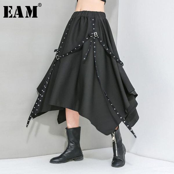 

skirts [eam] high elastic waist ribbon asymmetrical split joint half-body skirt women fashion tide spring autumn 2021 1t552, Black