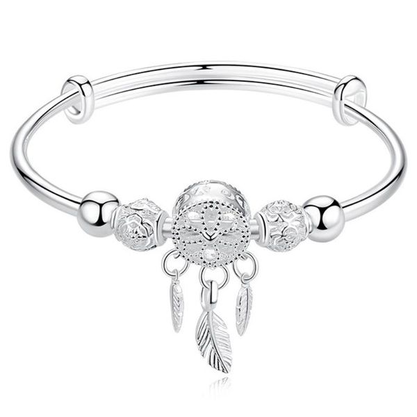 

bangle adjustable silver tassel feather round bead charm bracelet for women elegant jewelry valentine's day gift, Black