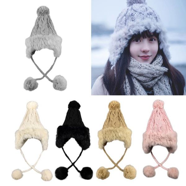 Женщины зимний кабель вязки ловушки шляпа пушистые плюшевые накладки толстые Faux флисовая подкладка термический теплый теплый POM POM шапочки шапочки CAP