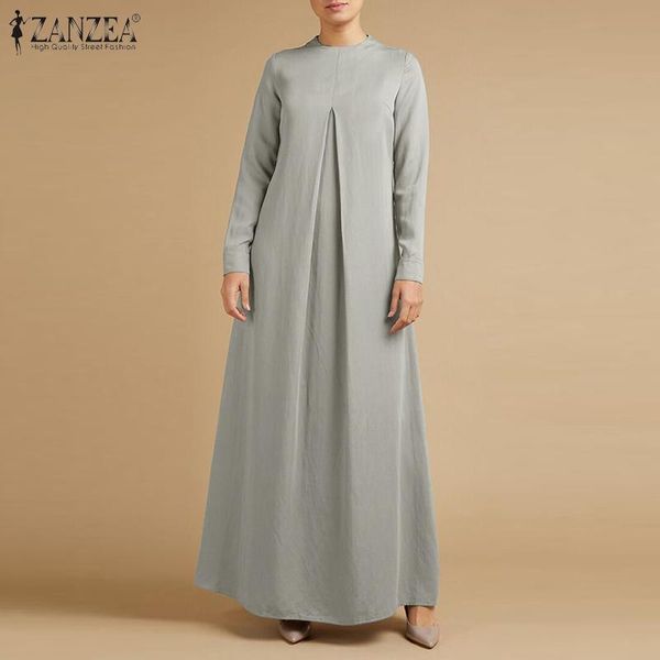

casual dresses maxi sundress retro kaftan zanzea women autumn vintage dress pleated front design long sleeve baggy vestidos robe femme, Black;gray