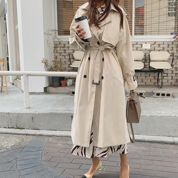 

2019 new autumn winter women's coat korean windbreaker female plus size double breasted ladies long chic trench coats1, Tan;black