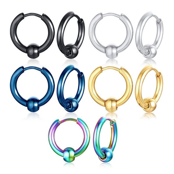

hoop & huggie punk 5 colors stainless steel circle male earrings simple removable bead for men women, Golden;silver