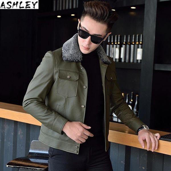 

new style leather men's short sheepskin lamb collar youth slim leather jacket men's coat trend, Black