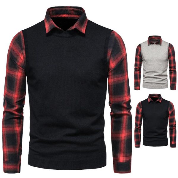 

men's sweaters autumn false two-piece sweater shirt red and black grid lapel thick warm long sleeve male stretchy pullover, White;black