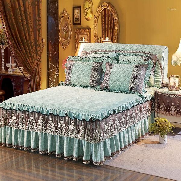 

blue pink green bedskirt thick fleece lace princess bed cover bedspread bedding sets full  king size couvre lit1