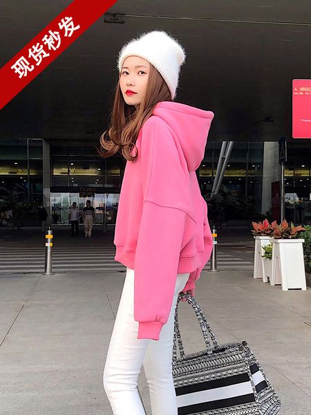 

2021 new autumn and winter hood loosed original white style plus velvet thick long female short sweater tide 1dev, Black
