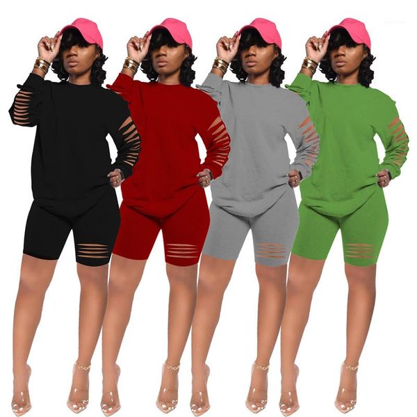 

designer tracksuits fashion ripped panelled long sleeve short pants womens 2pcs sets casual females clothing hollow out womens, Gray