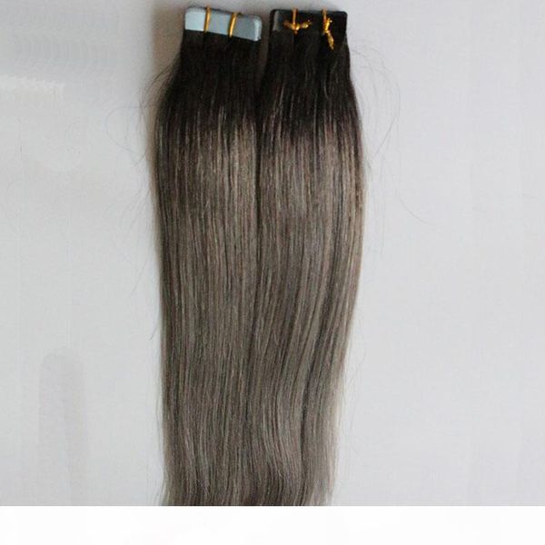 

human hair straight ombre skin weft hair extensions t1b grey ombre 100g 40pcs tape in human hair extensions, Black