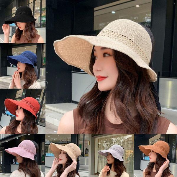 

wide brim hats women empty woven sun visor hat bowknot back foldable beach cap 2xpd, Blue;gray