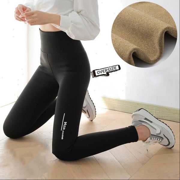 

women letter striped cotton fleece leggings stretch plush cashmere thickened legging winter cold resistance below zero, Black