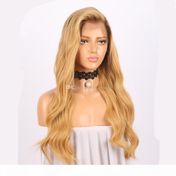 

8a pre plucked lace front wig ombre #1b 27 honey blonde body wave brazilian virgin human hair glueless lace wig for black woman, Black;brown