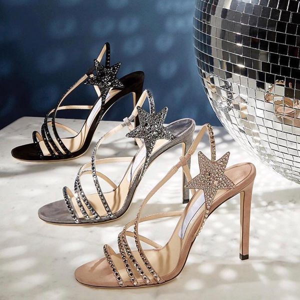 

women pumps high thin heel star pattern women shoes glitter crystal embellished runway star fashion chic wedding shoes, Black